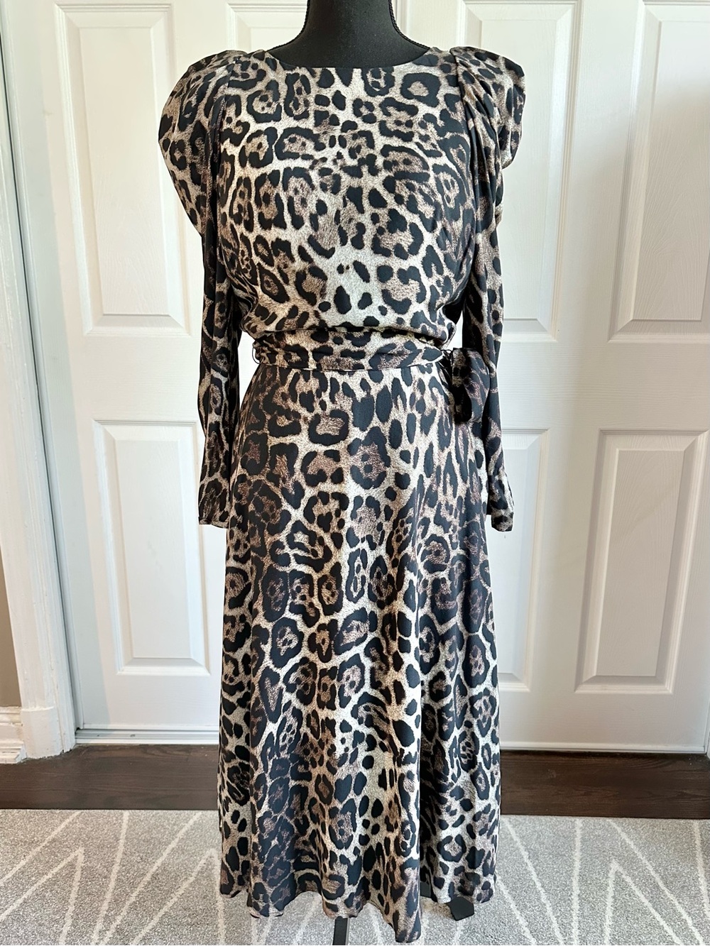 Eliza J Black and Tan Leopard Print Puff Long Sleeve Midi Dress